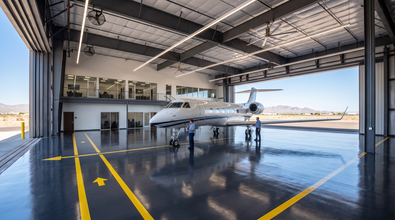 Corporate FBO aviation hangar in Phoenix with pristine dark charcoal epoxy floor and yellow safety markings