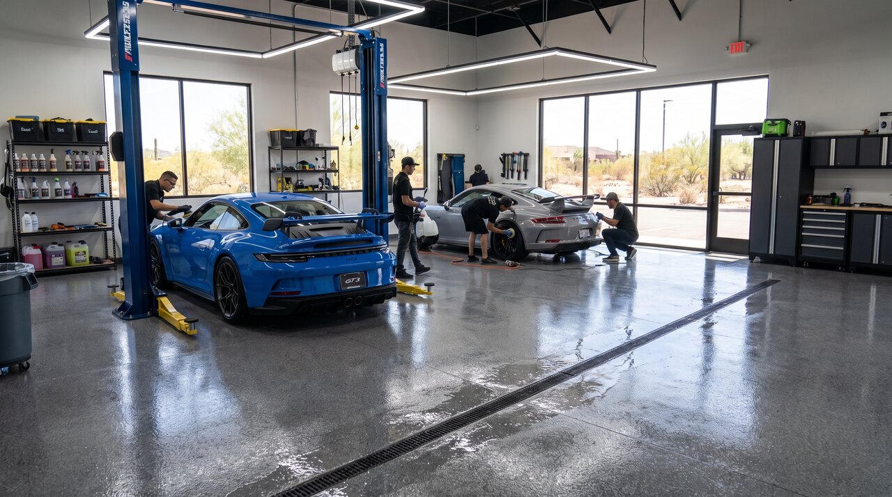 Phoenix auto detailing shop with high-gloss metallic epoxy floor, luxury vehicles, bright lighting