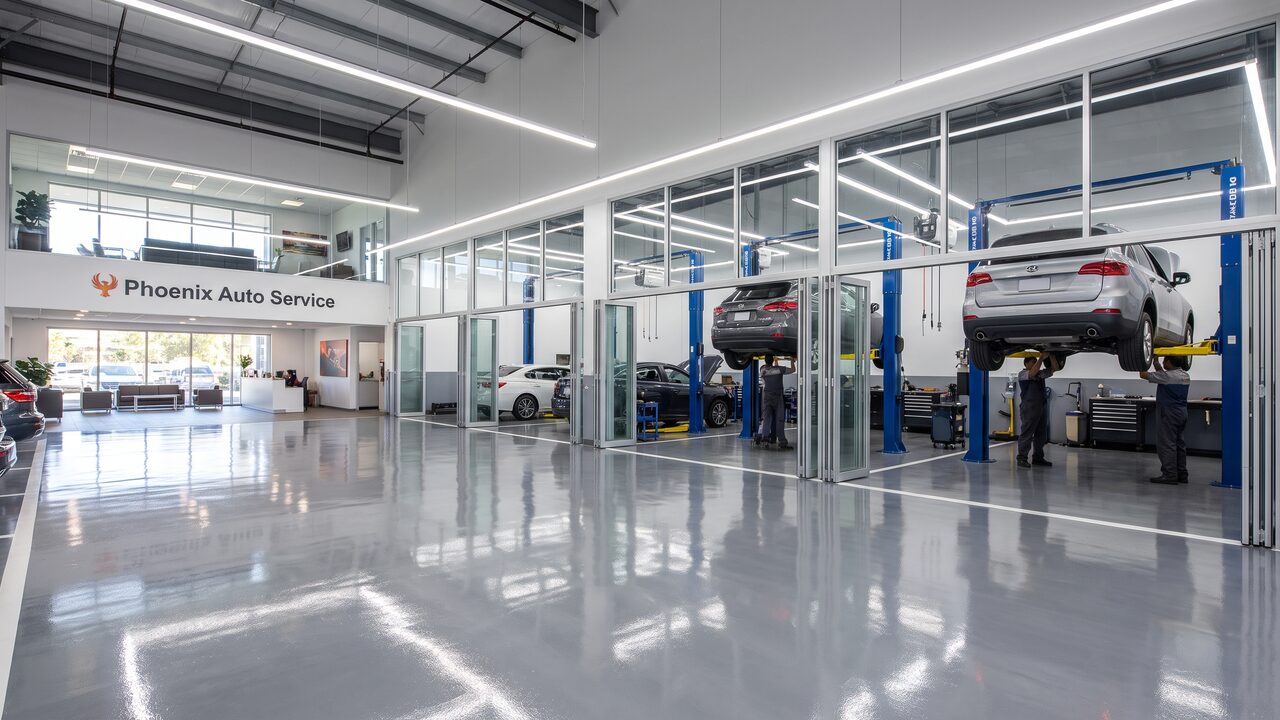 Modern Phoenix auto dealership service department with fresh glossy grey epoxy floor