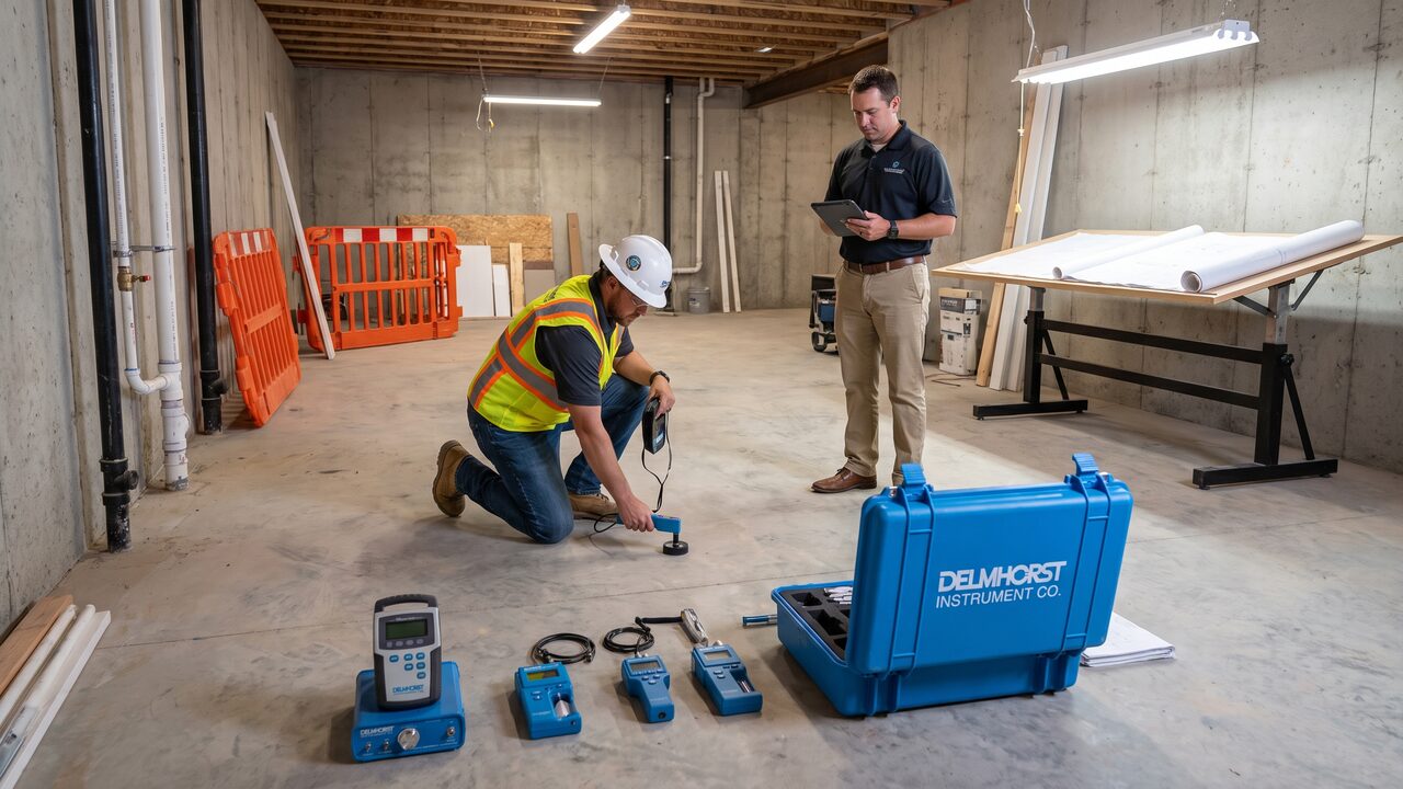 Phoenix home basement under construction showing concrete floor with moisture testing equipment