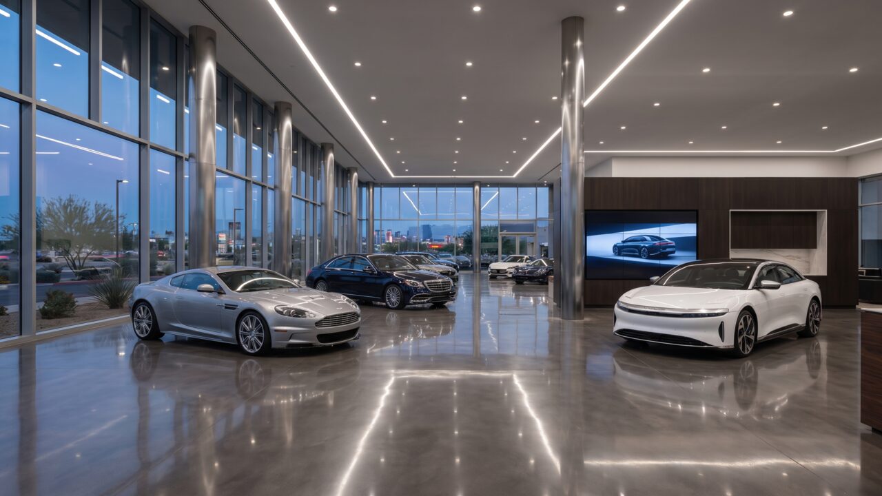 Phoenix luxury auto dealership showroom with mirror-finish polished concrete floor