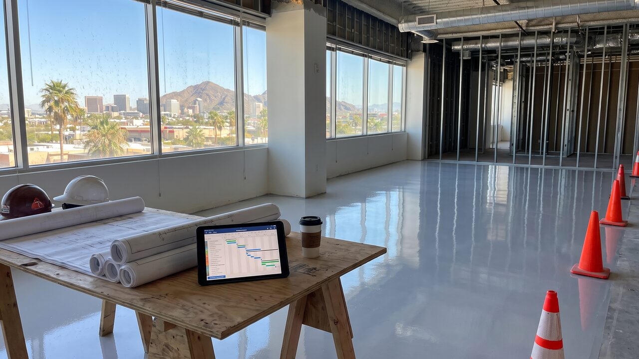 Commercial epoxy flooring Phoenix tenant improvement installation with construction documents