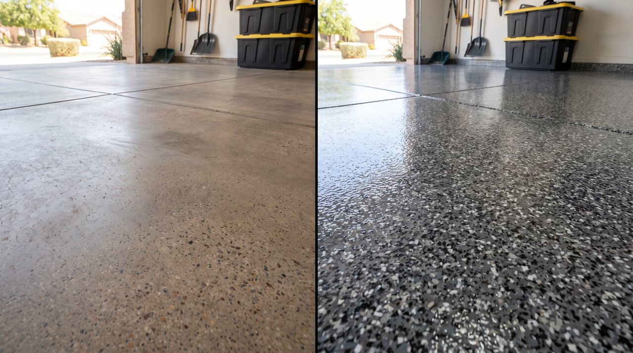 Split-view Phoenix garage floor comparison showing grind-and-seal versus epoxy systems