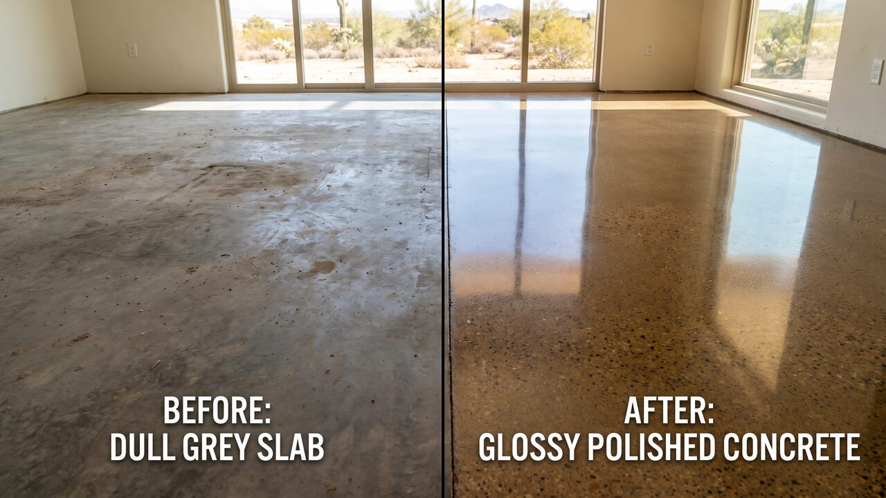 Concrete polishing Phoenix before and after split-screen showing dull slab transformed to glossy floor