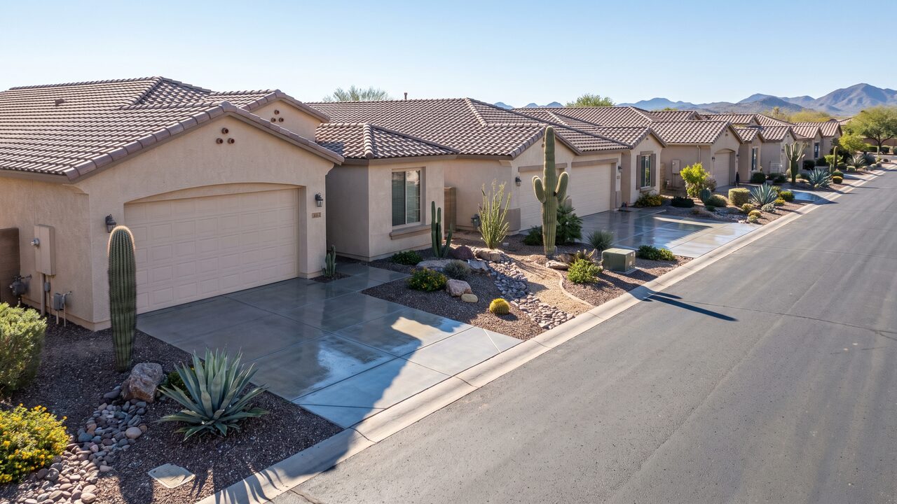 Concrete polishing Phoenix HOA community with matching homes and polished concrete driveway