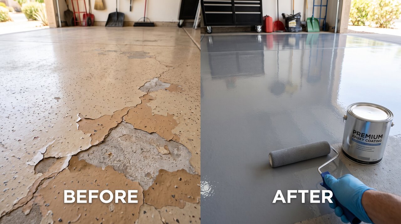 Phoenix garage epoxy floor showing bubbling and peeling failure patterns