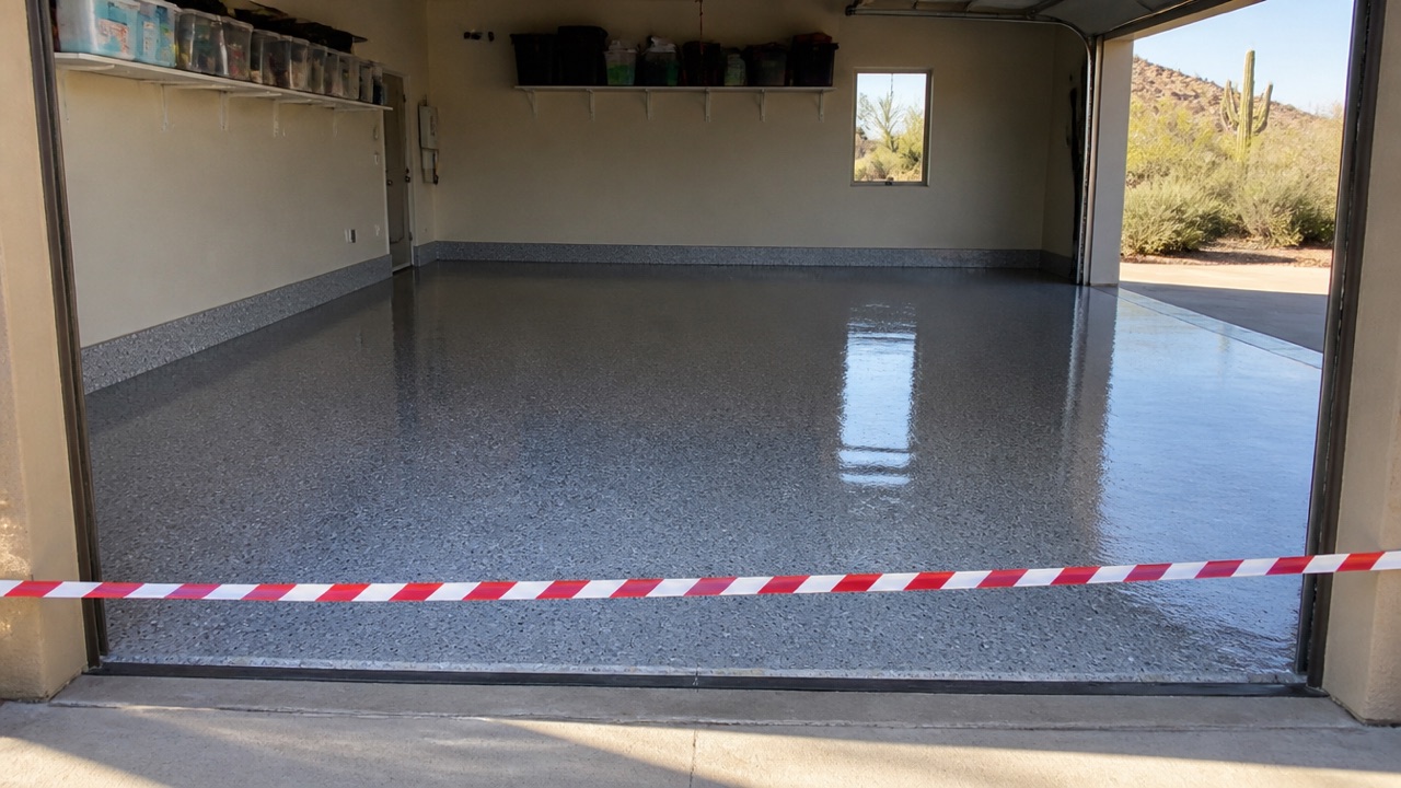 Freshly coated Phoenix garage floor with a grey flake finish and a barrier tape across the open door during epoxy garage floor cure time