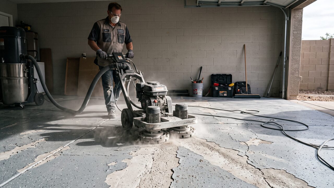Professional floor contractor performing diamond grinding on delaminating Phoenix garage epoxy floor