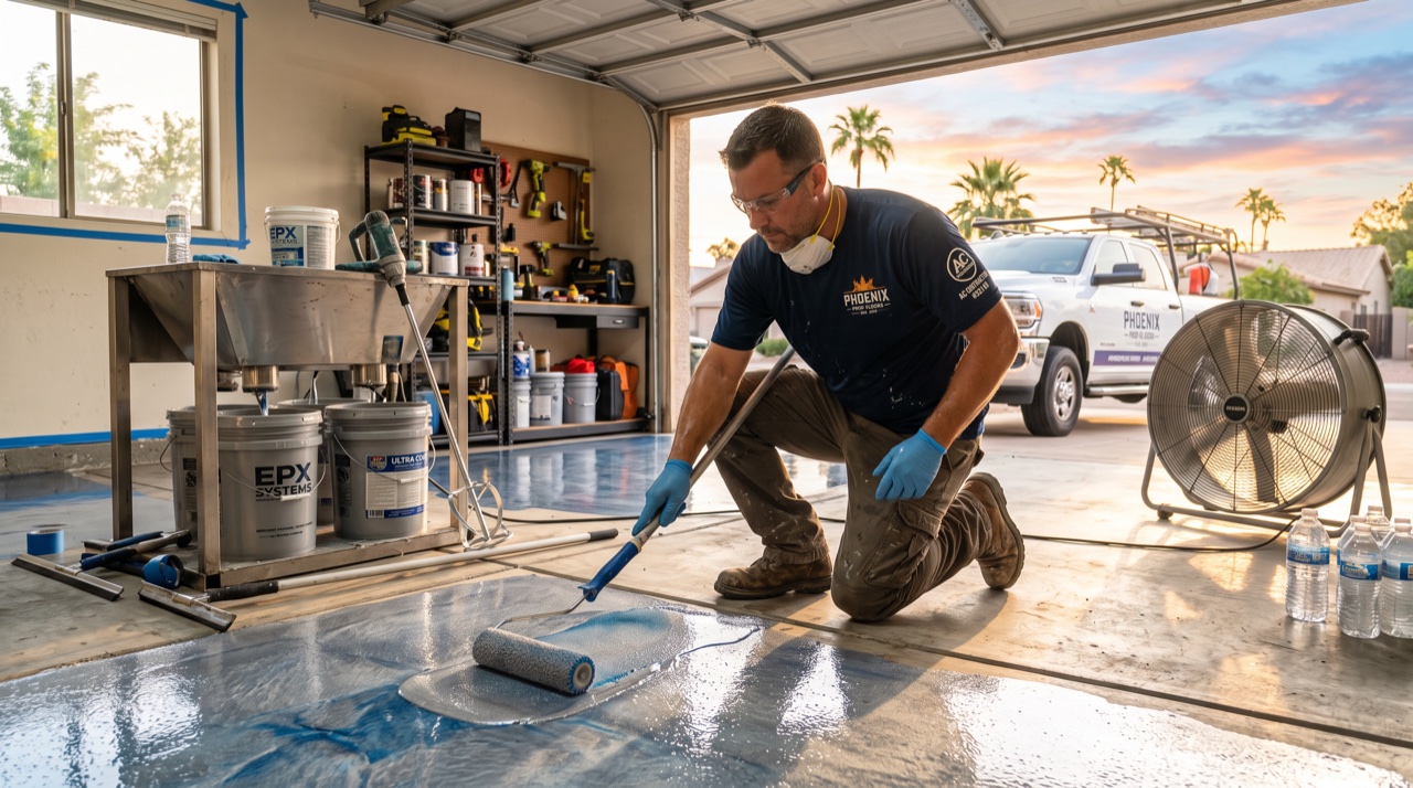 Epoxy flooring contractor working in Phoenix Arizona garage at sunrise applying epoxy in summer heat