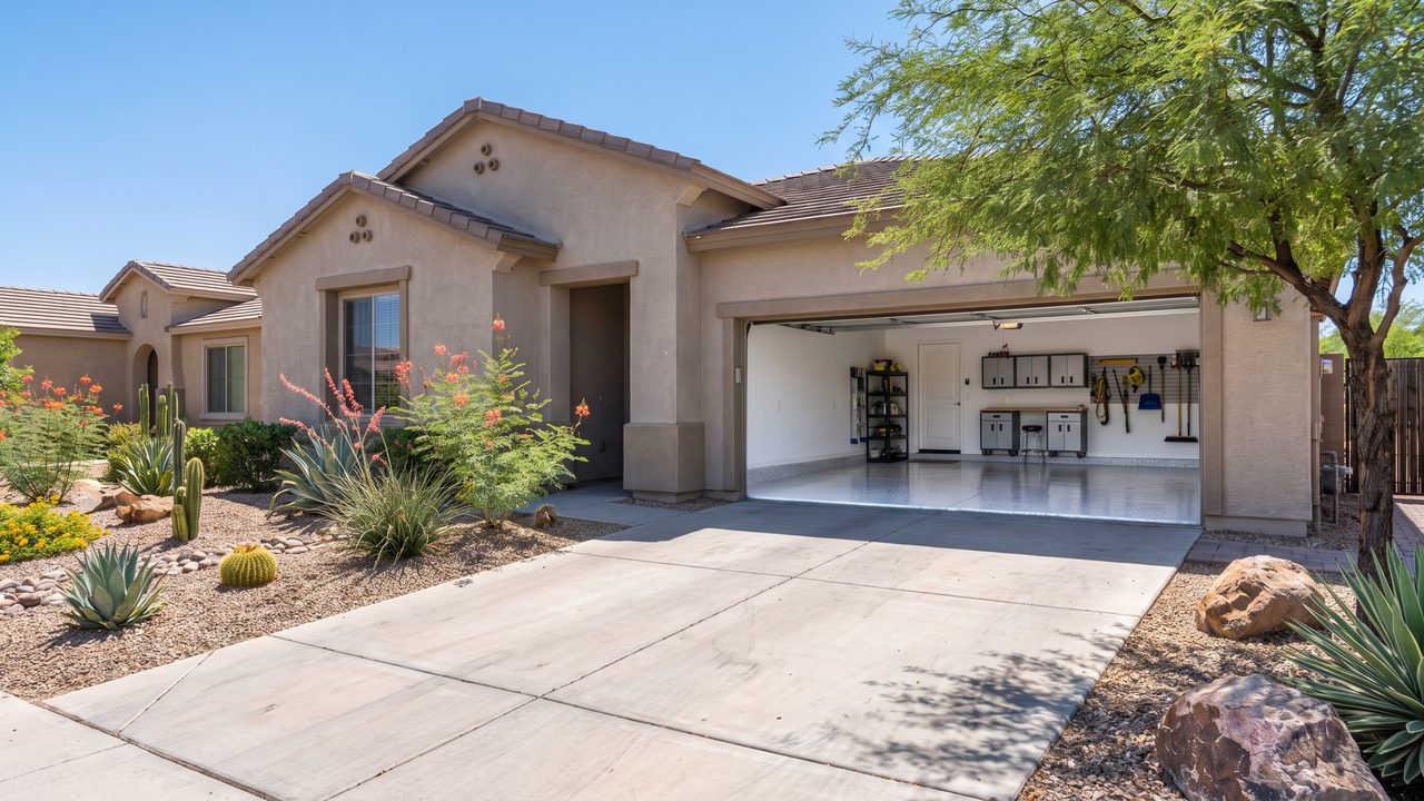 Epoxy garage floor Chandler AZ suburban home with finished garage floor and desert landscaping