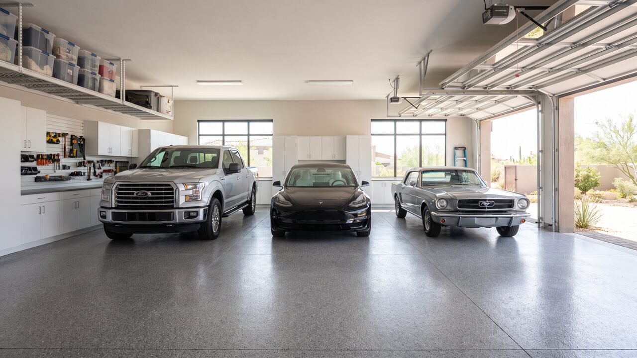 Epoxy garage floor Phoenix 3-car garage with finished grey flake epoxy floor and organized storage