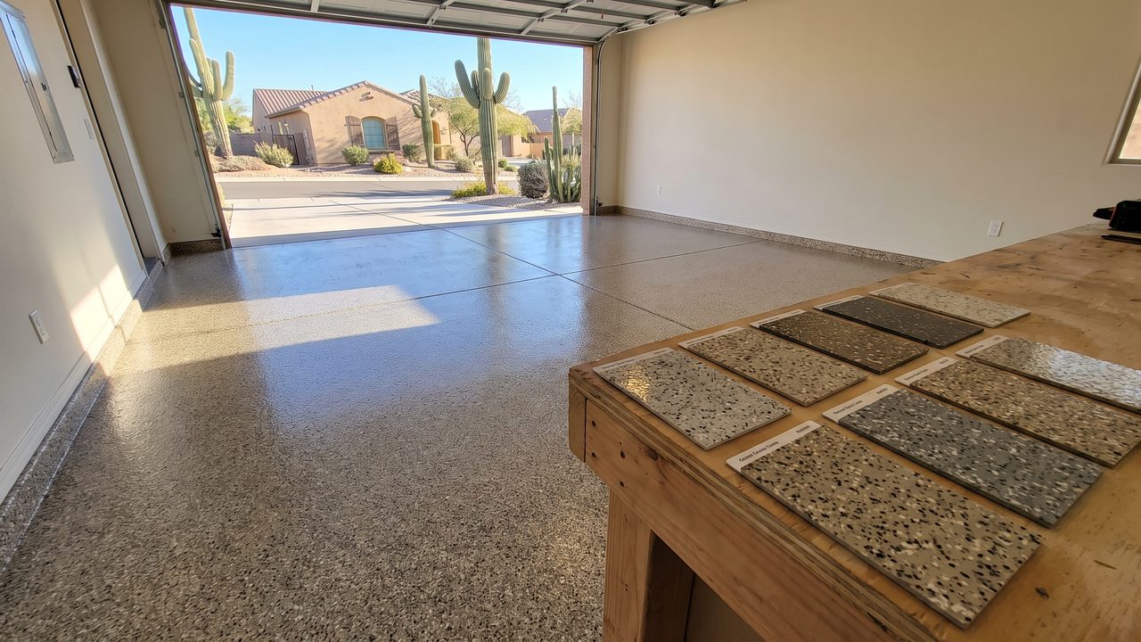 Epoxy garage floor Phoenix tan and gray flake color samples with finished floor