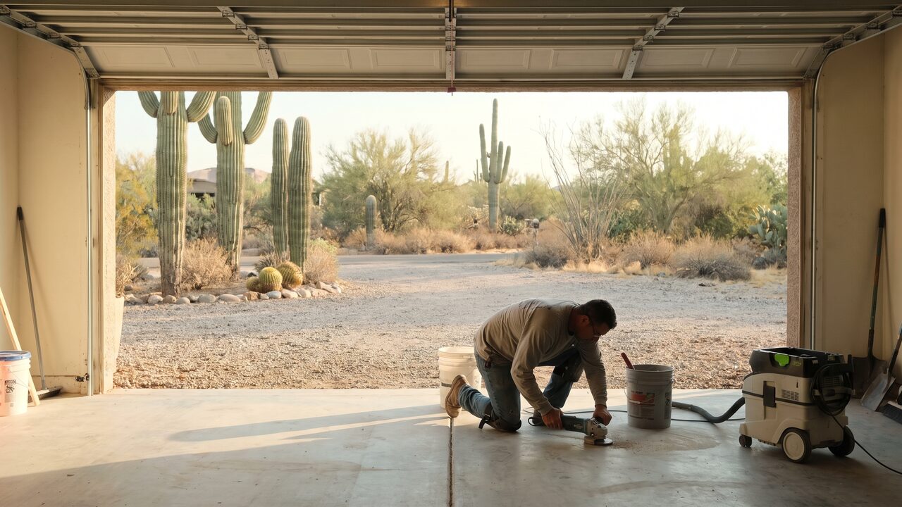Epoxy garage floor Phoenix fall installation with contractor prepping concrete in cool morning light