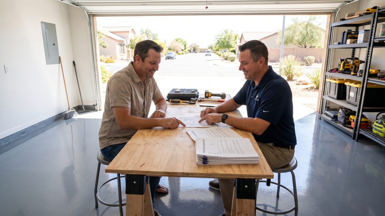 Epoxy garage floor Phoenix homeowner reviewing financing paperwork with contractor in coated garage
