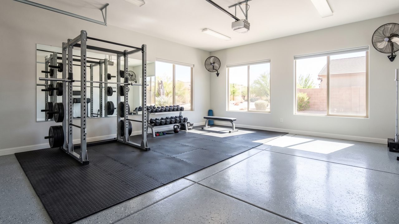 Epoxy garage floor Phoenix home gym conversion with weight rack and rubber mats on epoxy coating