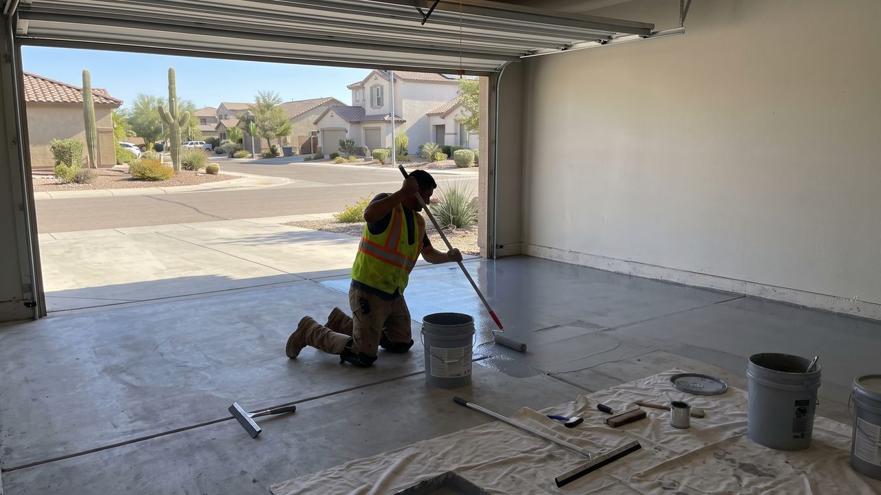 Epoxy garage floor Phoenix installation timeline contractor applying base coat with roller