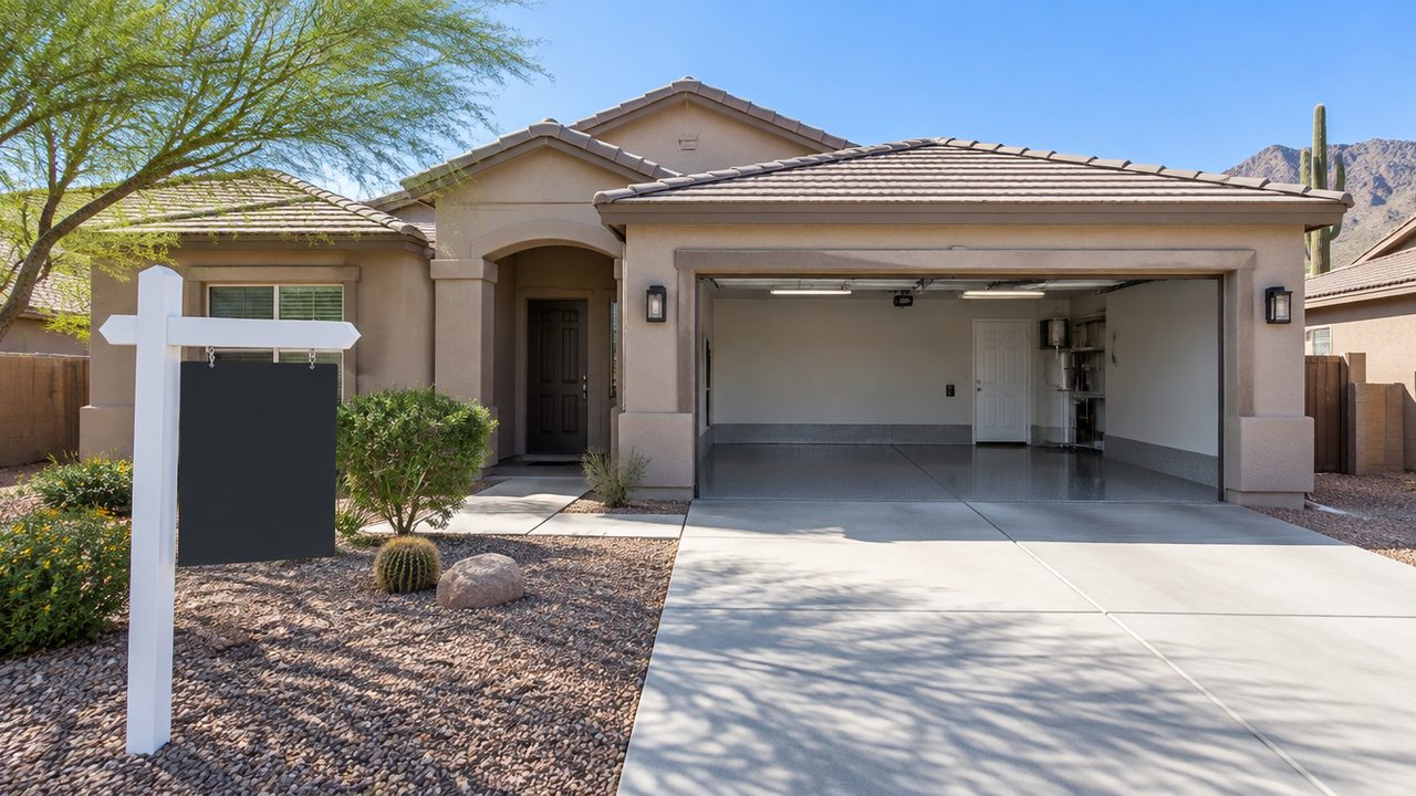 Epoxy garage floor Phoenix resale value home with for-sale sign and finished garage floor