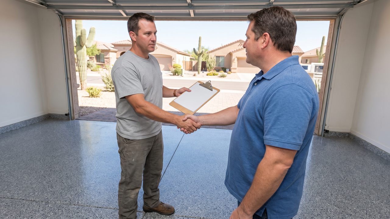 Epoxy garage floor Phoenix warranty contractor handing paperwork to homeowner in finished garage
