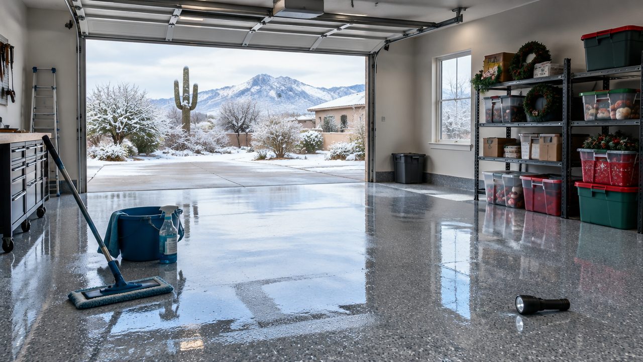Epoxy garage floor Phoenix winter prep checklist garage being cleaned during cooler months