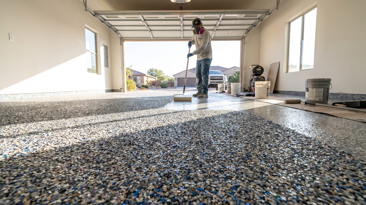 Phoenix 2-car garage with premium epoxy flake floor being professionally installed