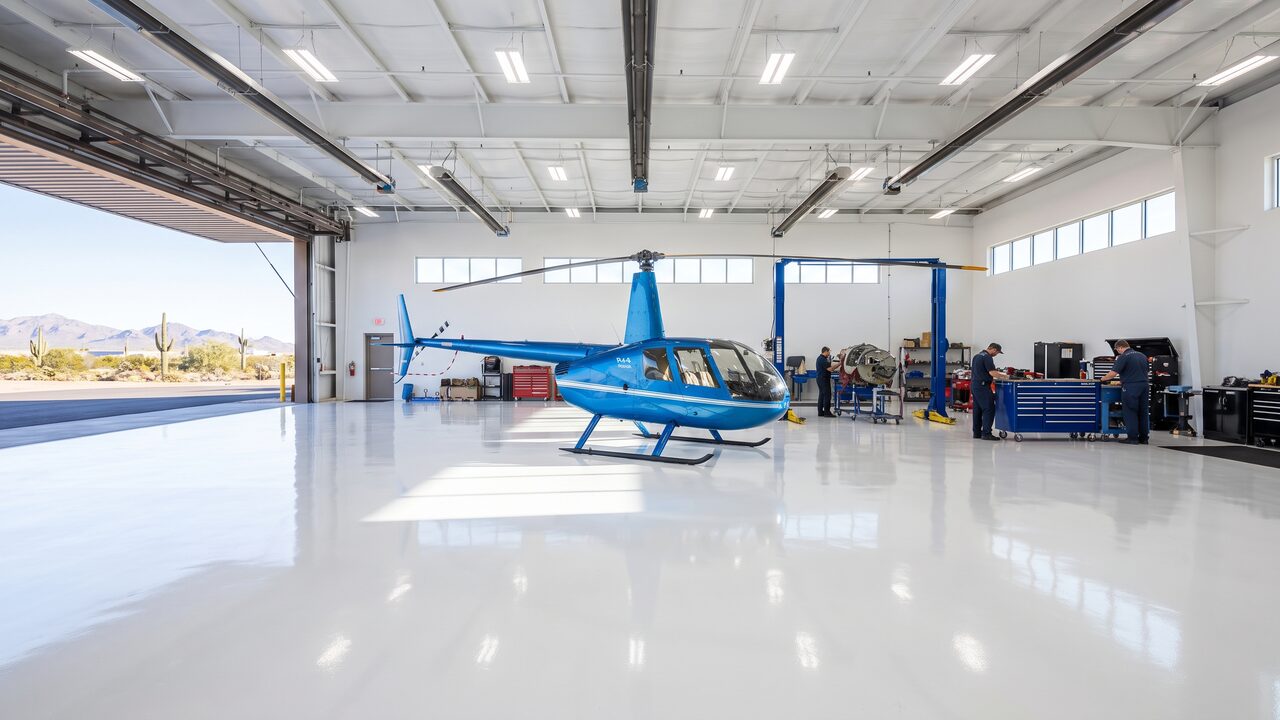 Phoenix helicopter hangar with pristine white epoxy floor and Robinson R44 helicopter parked