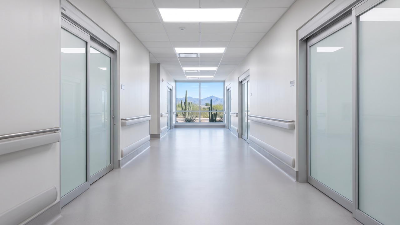 Hospital flooring in Phoenix, AZ: seamless grey resinous corridor floor with integral coved wall base