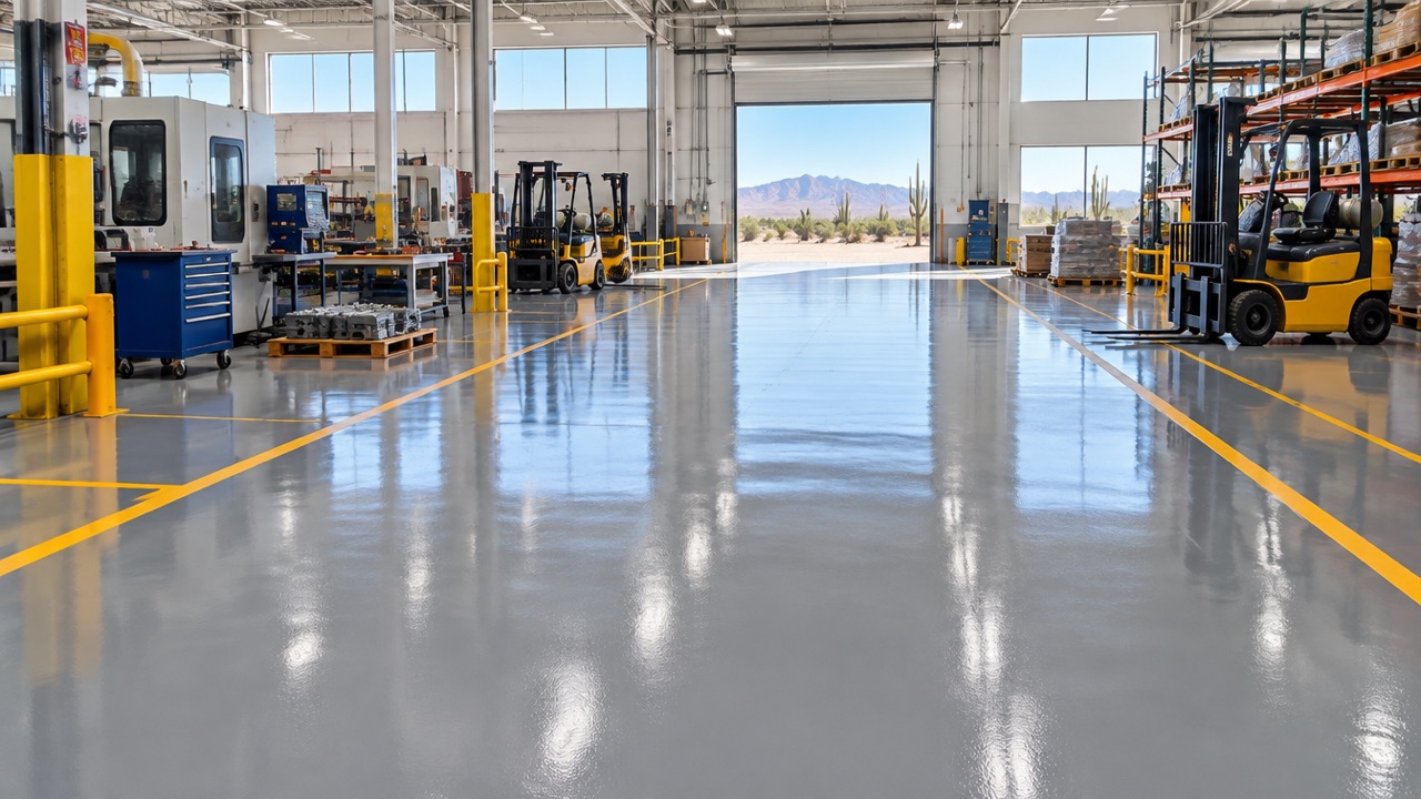 Industrial epoxy flooring in a Phoenix manufacturing plant with seamless grey resin floor, machine bases and yellow safety striping