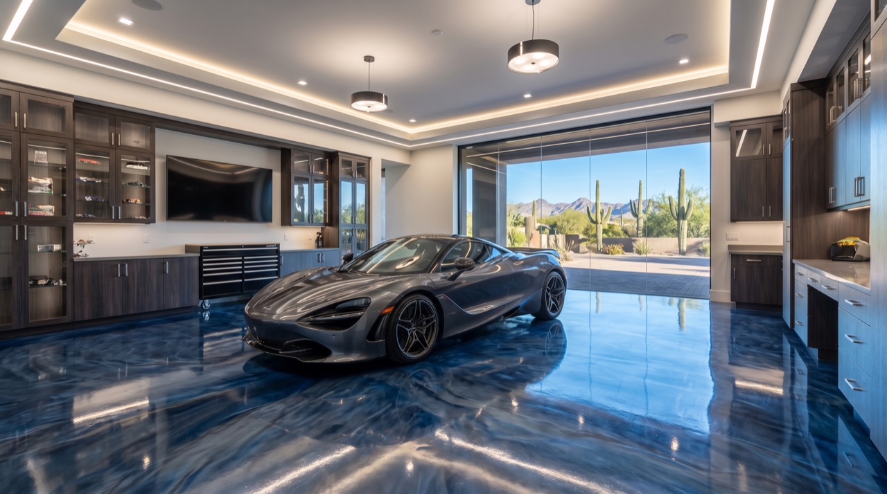 Ultra-luxury Scottsdale Arizona 4-car garage with high-gloss metallic epoxy floor and exotic sports car
