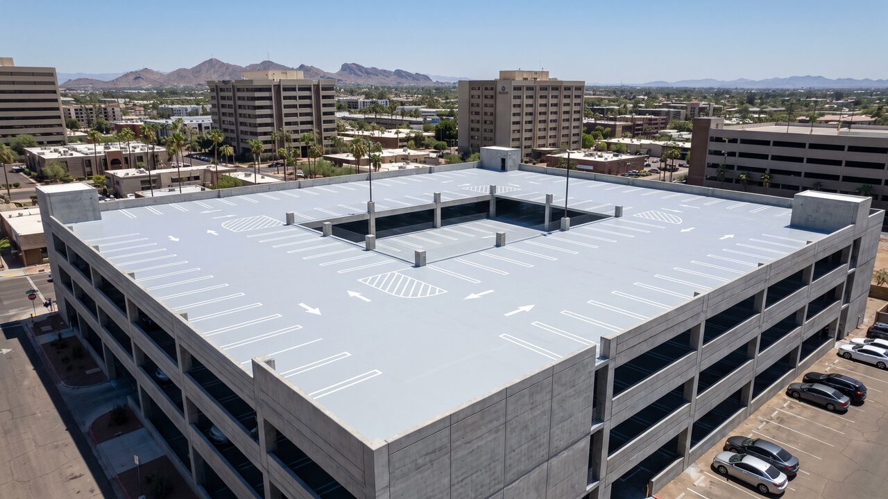 Aerial view of Phoenix multi-story parking structure with light grey waterproof traffic deck membrane