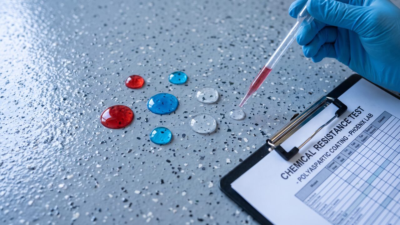 Polyaspartic floor coating Phoenix chemical resistance test with spill drops beading on garage floor