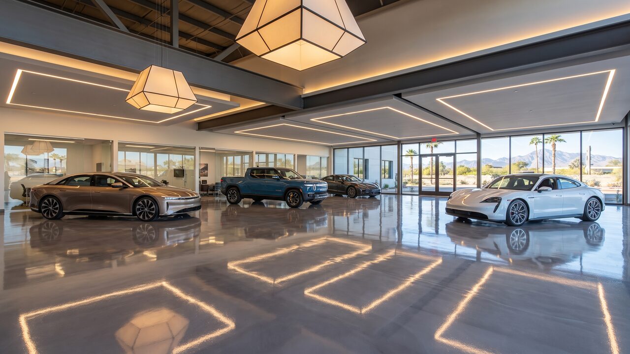 Polyaspartic floor coating Phoenix auto dealership showroom floor with luxury vehicles displayed