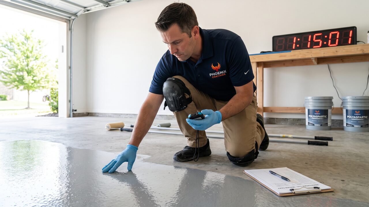 Polyaspartic floor coating Phoenix contractor checking timer while applying second coat in garage