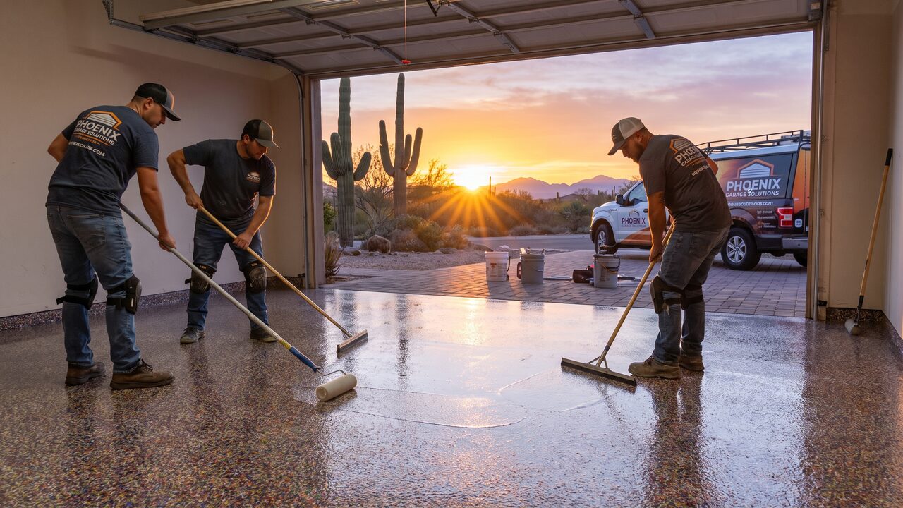 Phoenix garage floor coating crew working at sunrise applying polyaspartic coating