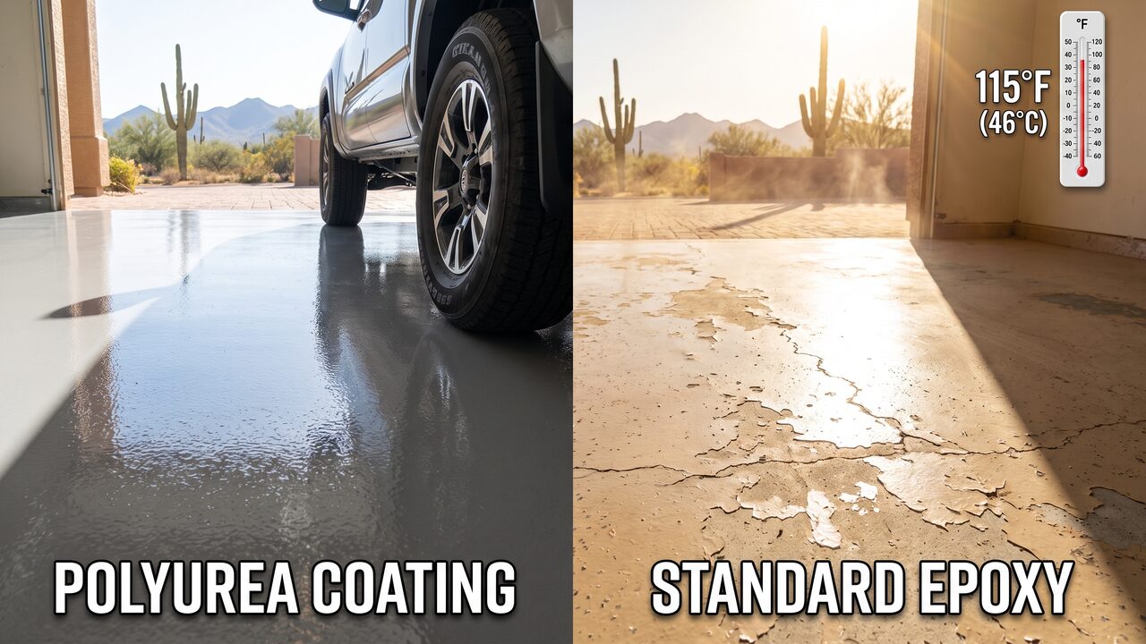 Side-by-side Phoenix garage floor comparing polyurea coating versus failing standard epoxy
