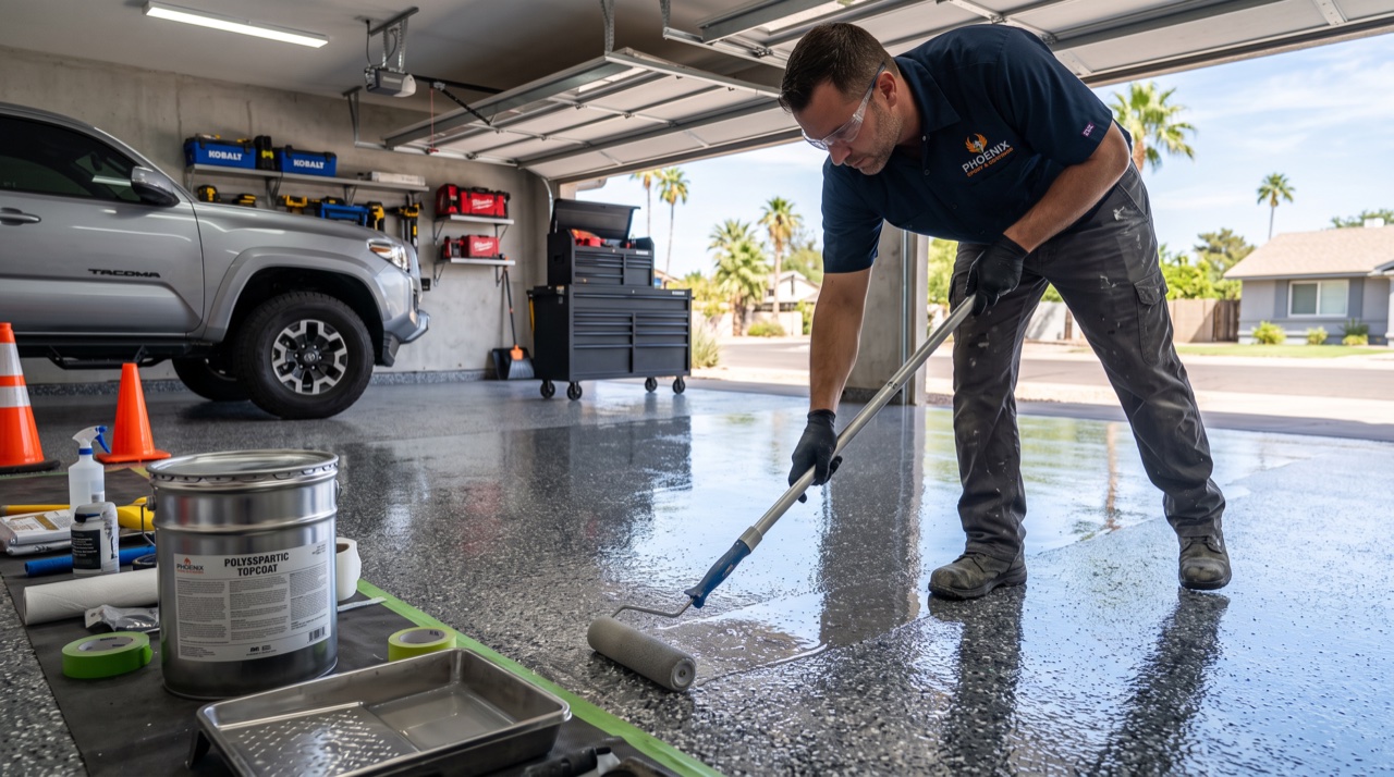 Professional epoxy flooring contractor in Phoenix applying polyaspartic topcoat with roller in clean garage