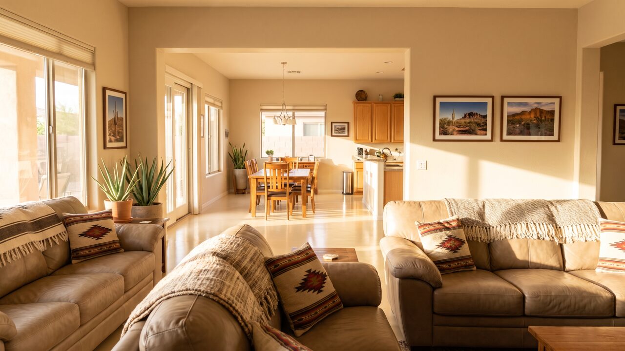 Phoenix family home interior showing beautiful light-toned epoxy floors in multiple rooms