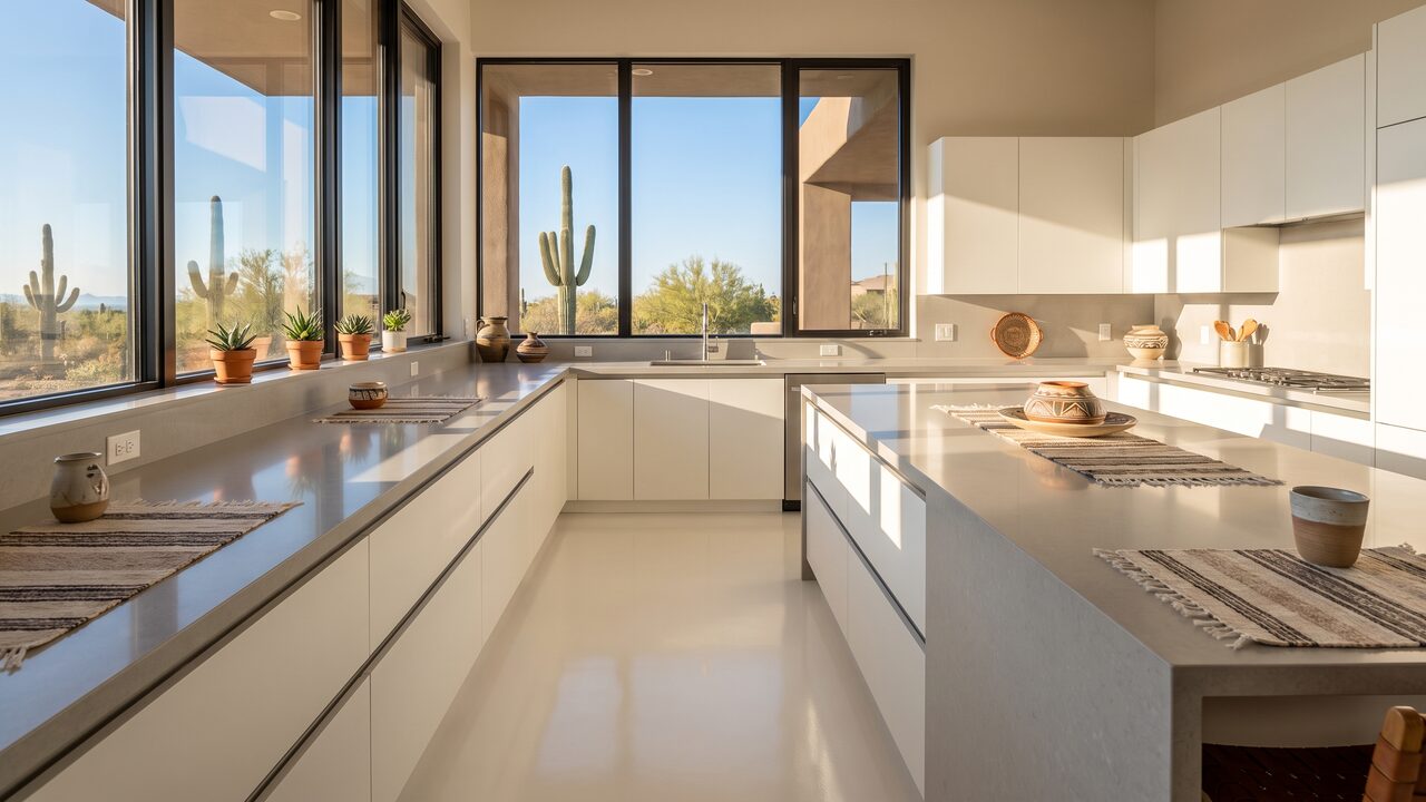 Bright modern Phoenix kitchen with seamless satin white epoxy floor