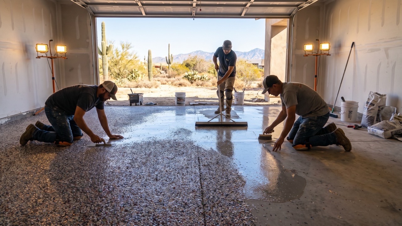 Phoenix residential garage mid-installation, crew applying polyaspartic topcoat, same-day epoxy floor installation