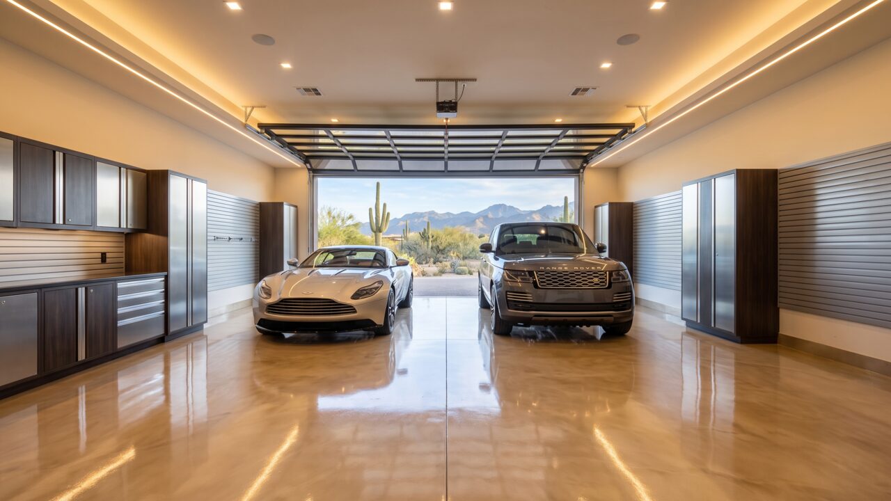 Stunning Scottsdale Arizona luxury home 3-car garage with warm champagne gold metallic epoxy floor