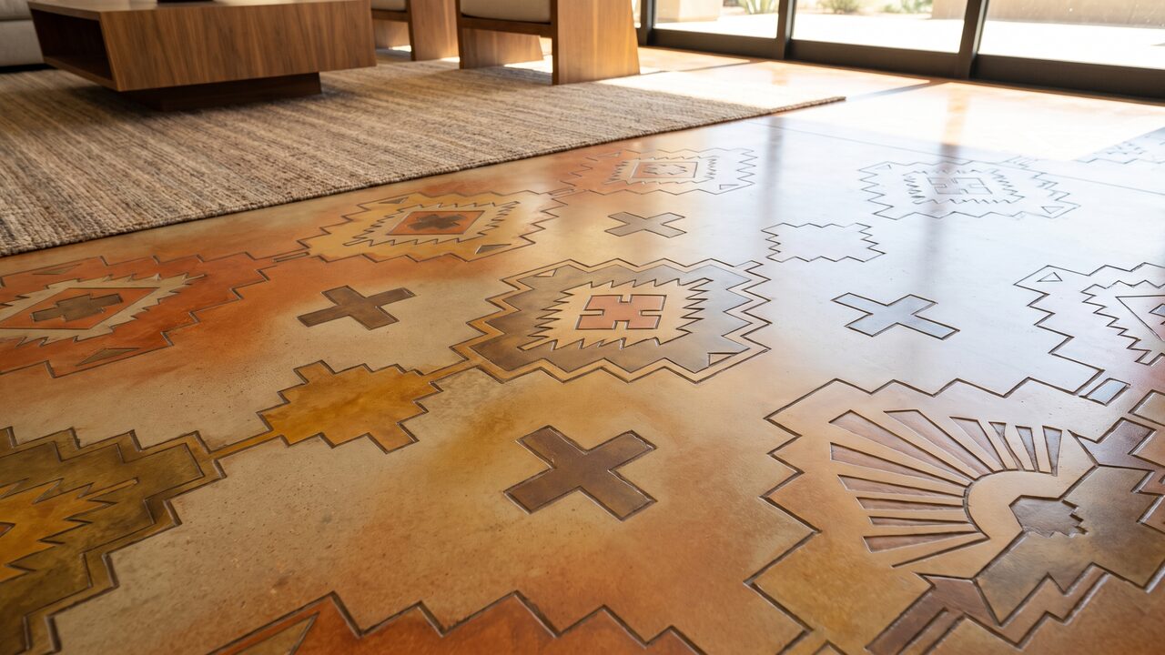 Phoenix luxury home with decorative engraved concrete floor showing geometric Southwestern pattern