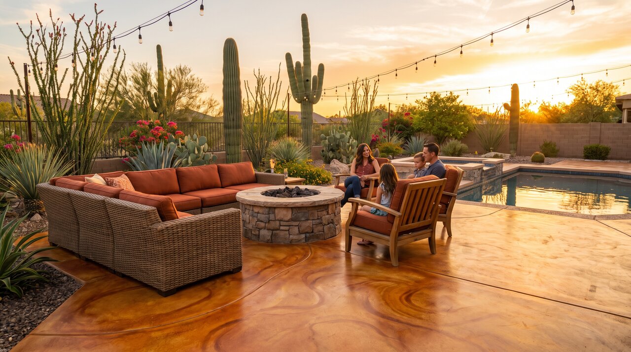 Phoenix Arizona backyard patio with warm amber and terracotta acid-stained concrete and desert garden