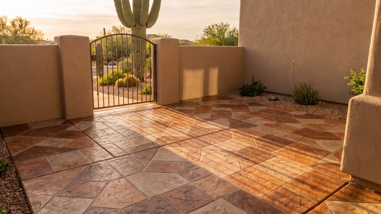 Phoenix entry courtyard with a stamped epoxy flooring overlay in warm desert tones and a geometric tile pattern