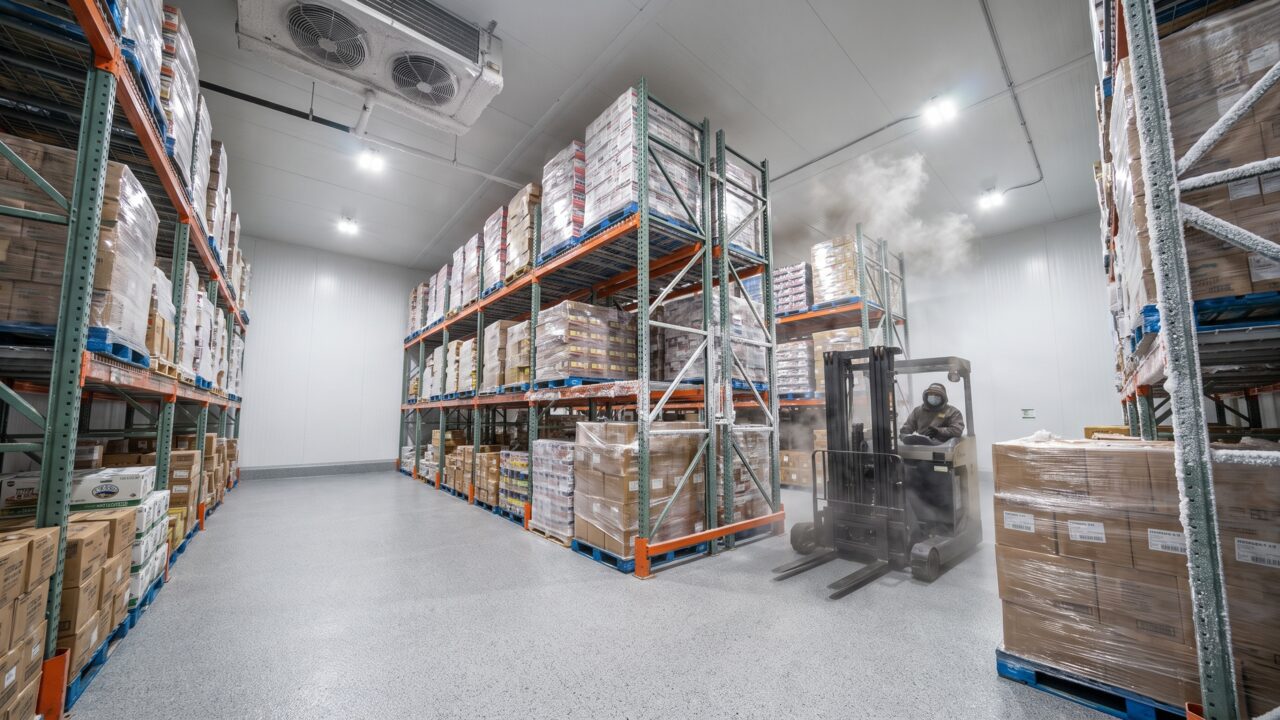 Warehouse epoxy flooring Phoenix cold storage facility with urethane cement coating and frost visible