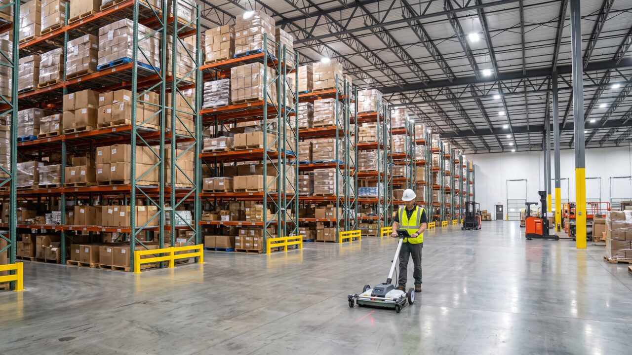 Warehouse epoxy flooring Phoenix technician measuring floor flatness with racking in background