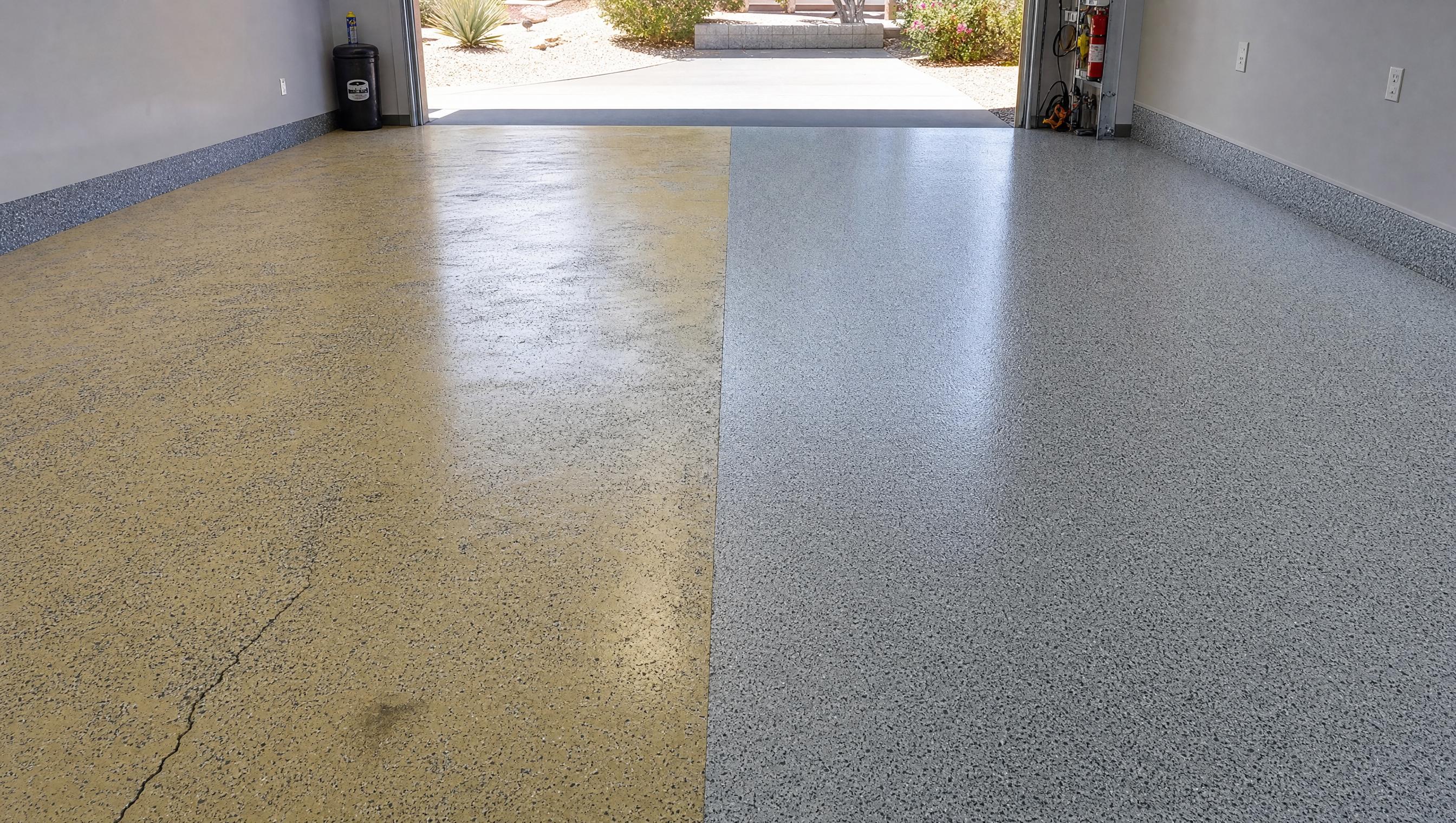 Phoenix garage epoxy floor with UV yellowing comparison before and after